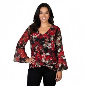 New Directions Floral Sheer Top Womens L Black Red Twist Front Romantic Feminine